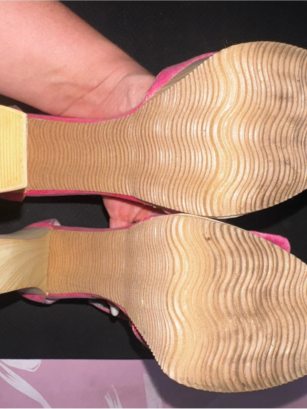 Qupid Hot Pink Suede Platform Sandals with Wood-Look Block Heel